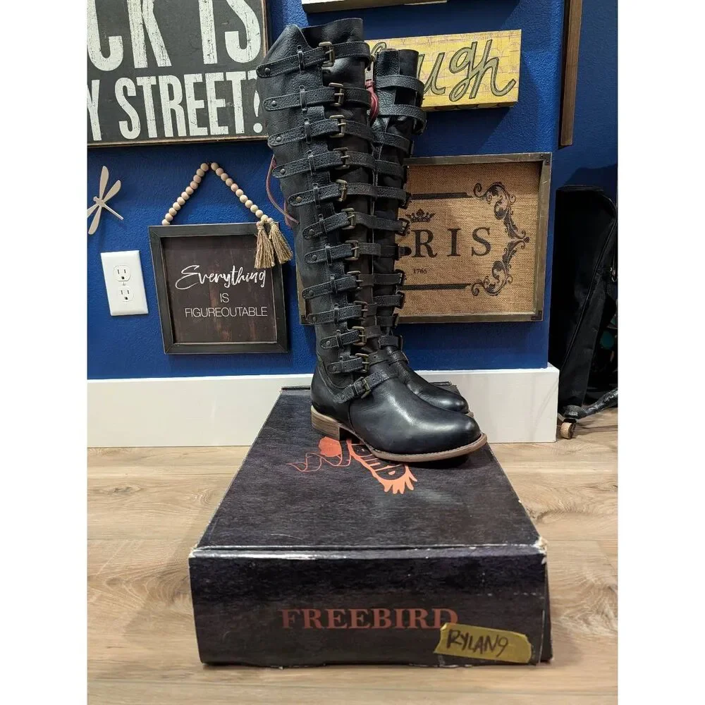 Freebird by Steven Rylan Boots Navy Buckles Boho Steampunk Western Womens 9 RARE